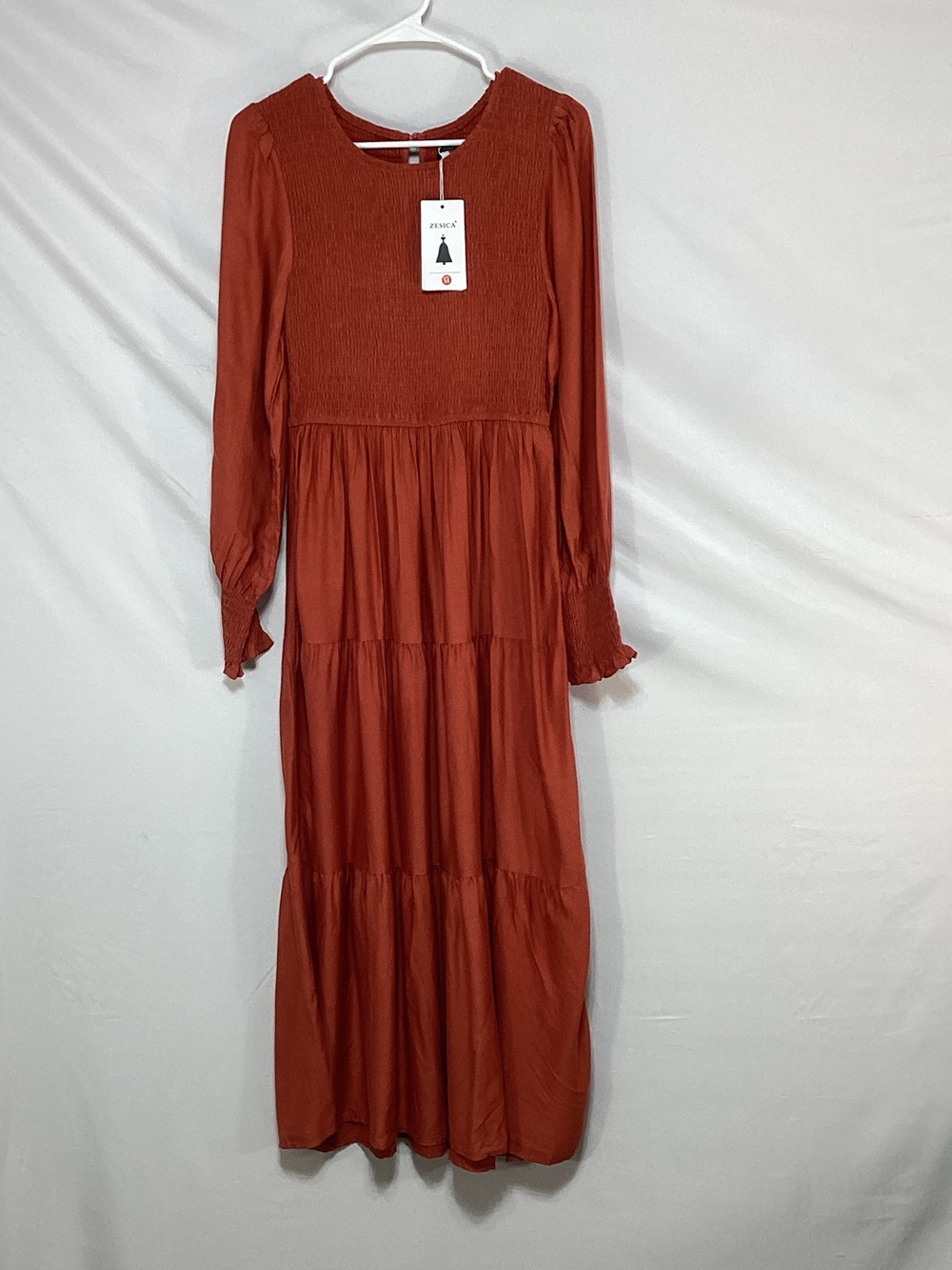 NWT Zesica Medium Smocked Bodice Tiered Maxi Dress in Rust